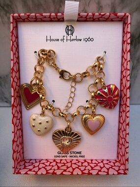 House of Harlow 1960 Glass Stones Bracelet Heart Charms ~ Brand New in box